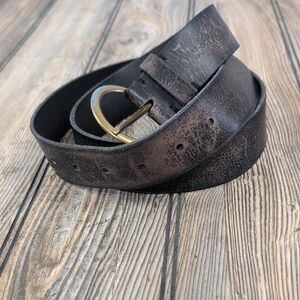 Frye Distressed Black Leather Belt with Brass Buckle